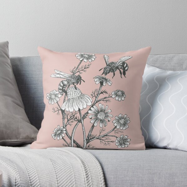 bees and chamomile on dusty pink background Throw Pillow