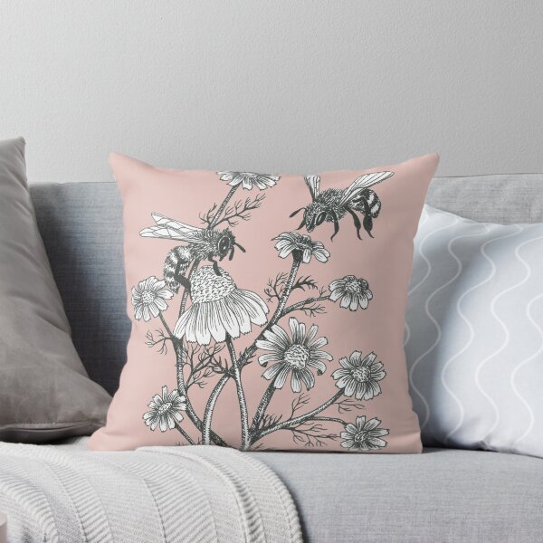 bees and chamomile on dusty pink background Throw Pillow