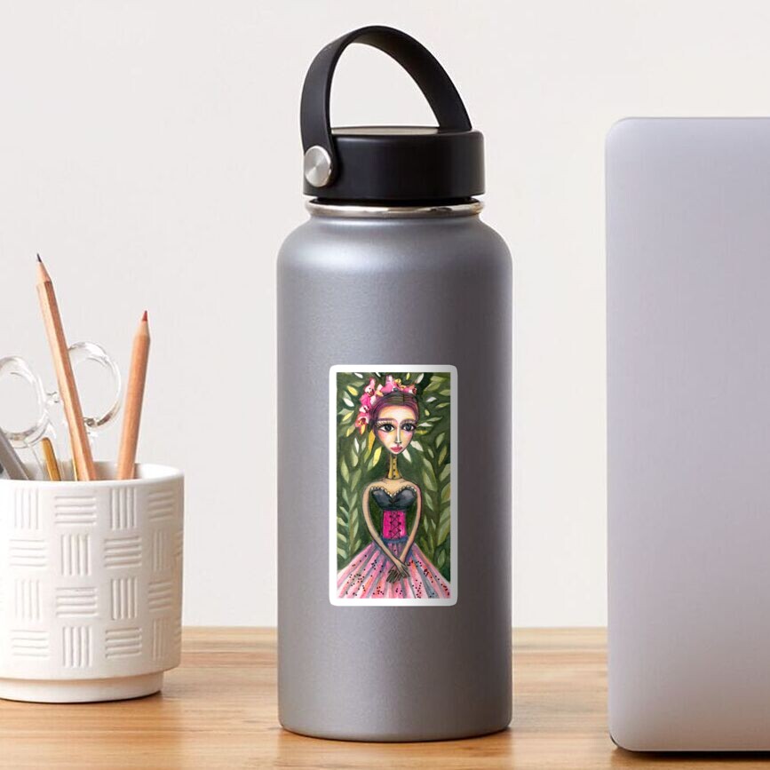 Frida Kahlo Portrait in Pink Corset and Foliage, Frida art, Meloearth Sticker