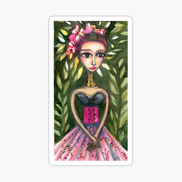 Frida Kahlo Portrait in Pink Corset and Foliage, Frida art, Meloearth Sticker