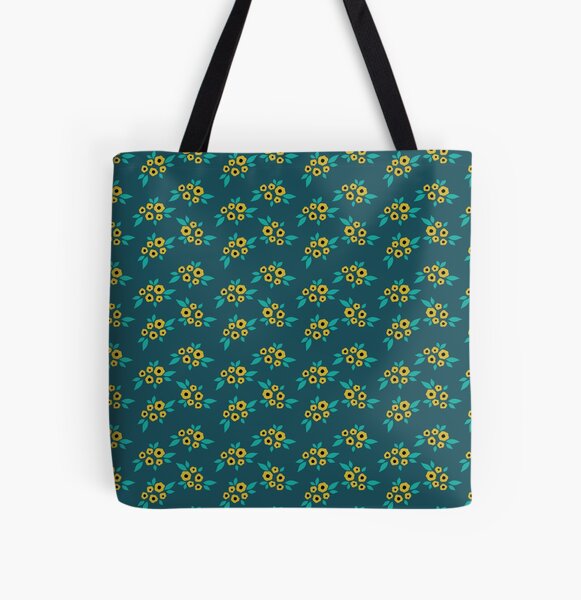 Yellow flower clusters floral pattern on blue All Over Print Tote Bag