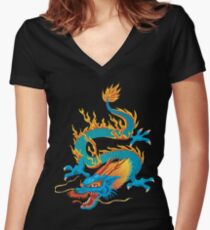 Blue-yellow Oriental Dragon Women's Fitted V-Neck T-Shirt