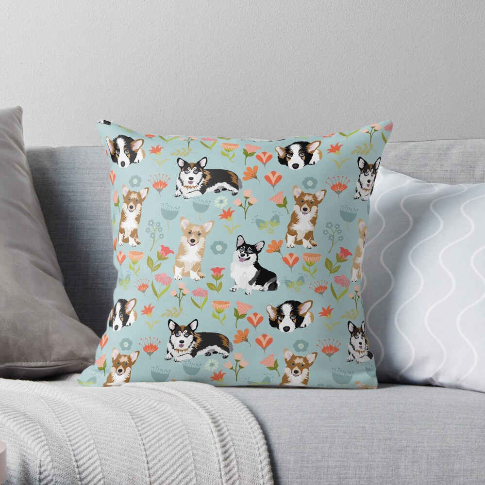Cute Summer Corgi Flower Pattern Throw Pillow