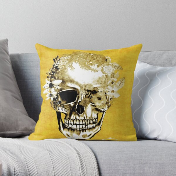 Yellow Floral Skull Throw Pillow