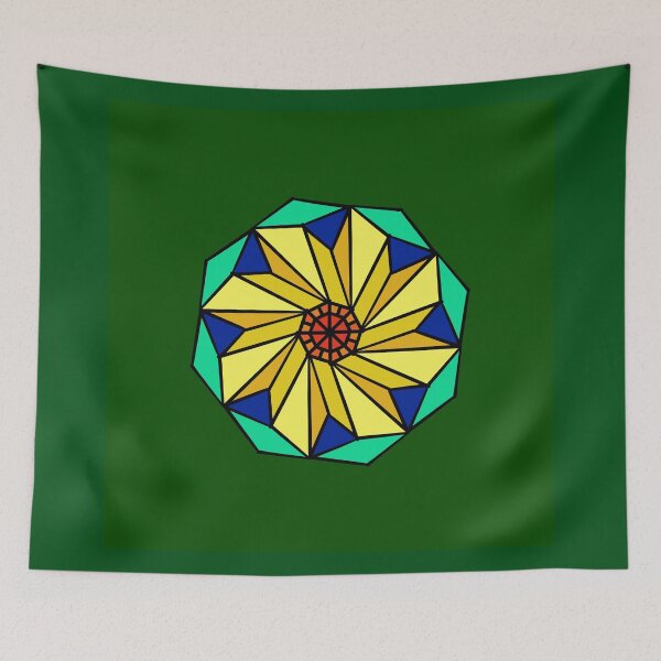 Item preview, Yellow, blue and teal circular motifs on a olive green background designed and sold by Tony  Ruther.