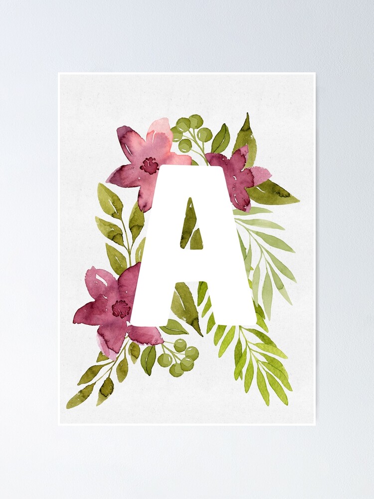 Letter J in blue watercolor flowers and leaves. Floral monogram