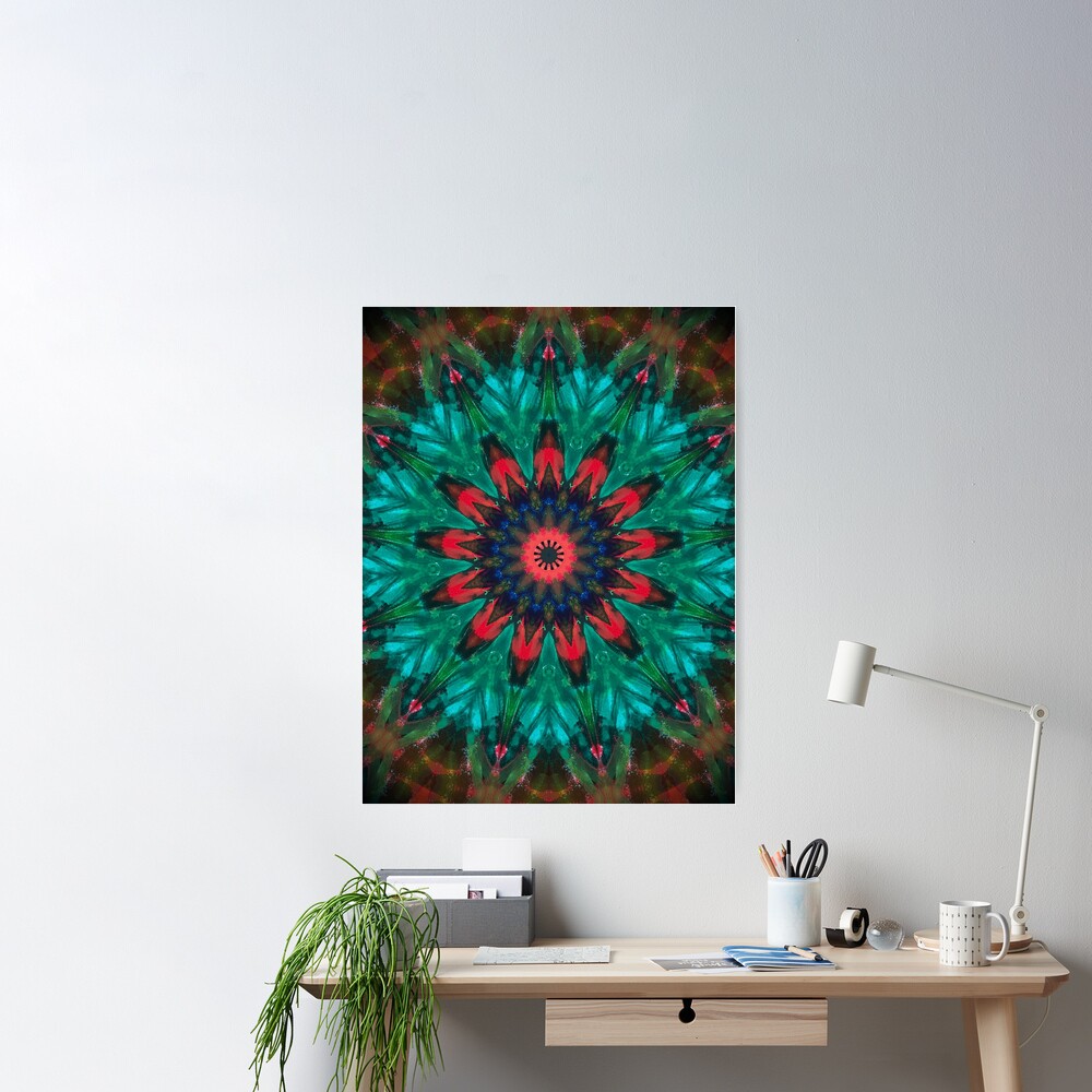 All Together Now Colorful Mandala - In Teal Green Red and Blue - Bohemian Art Poster