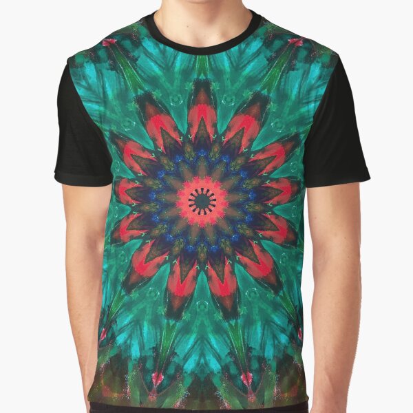 All Together Now Colorful Mandala - In Teal Green Red and Blue - Bohemian Art Graphic T-Shirt