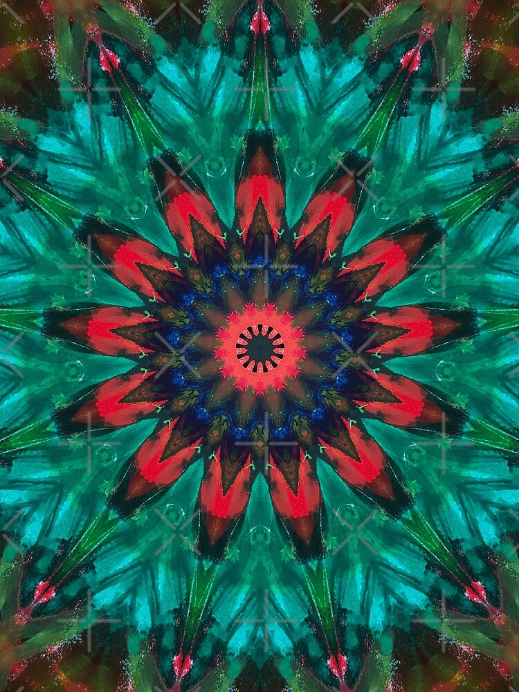 All Together Now Colorful Mandala - In Teal Green Red and Blue - Bohemian Art by OneDayArt