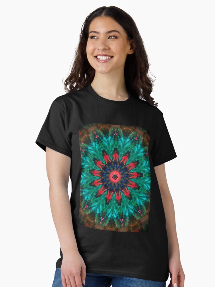 Thumbnail 2 of 7, Classic T-Shirt, All Together Now Colorful Mandala - In Teal Green Red and Blue - Bohemian Art designed and sold by OneDayArt.