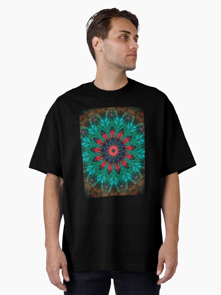 Thumbnail 1 of 7, Oversized T-Shirt, All Together Now Colorful Mandala - In Teal Green Red and Blue - Bohemian Art designed and sold by OneDayArt.