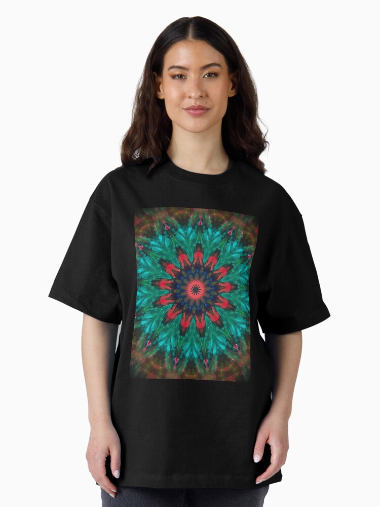Thumbnail 2 of 7, Oversized T-Shirt, All Together Now Colorful Mandala - In Teal Green Red and Blue - Bohemian Art designed and sold by OneDayArt.