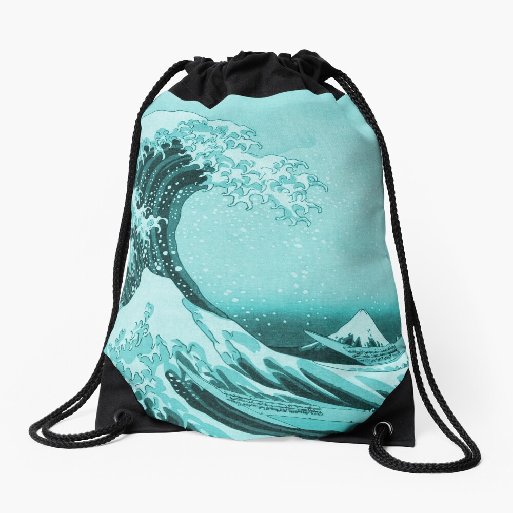 Aqua Blue Tsunami Japanese Great Wave off Kanagawa by Hokusai Drawstring Bag