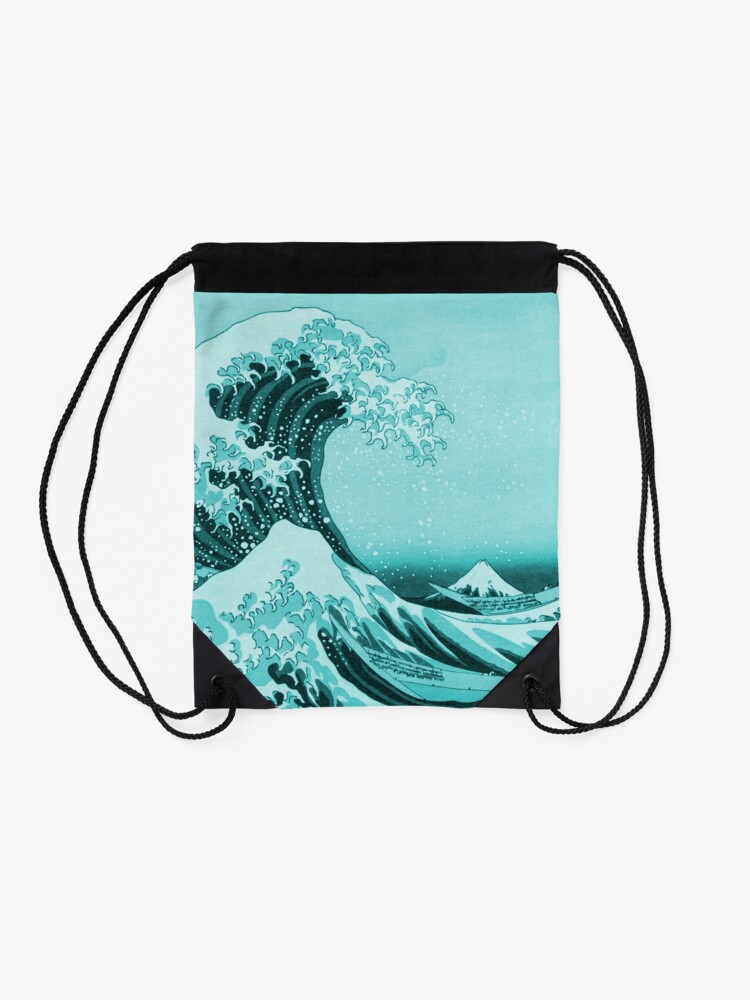 Alternate view of Aqua Blue Tsunami Japanese Great Wave off Kanagawa by Hokusai Drawstring Bag