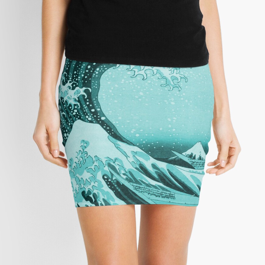 Aqua Blue Tsunami Japanese Great Wave off Kanagawa by Hokusai Mini Skirt