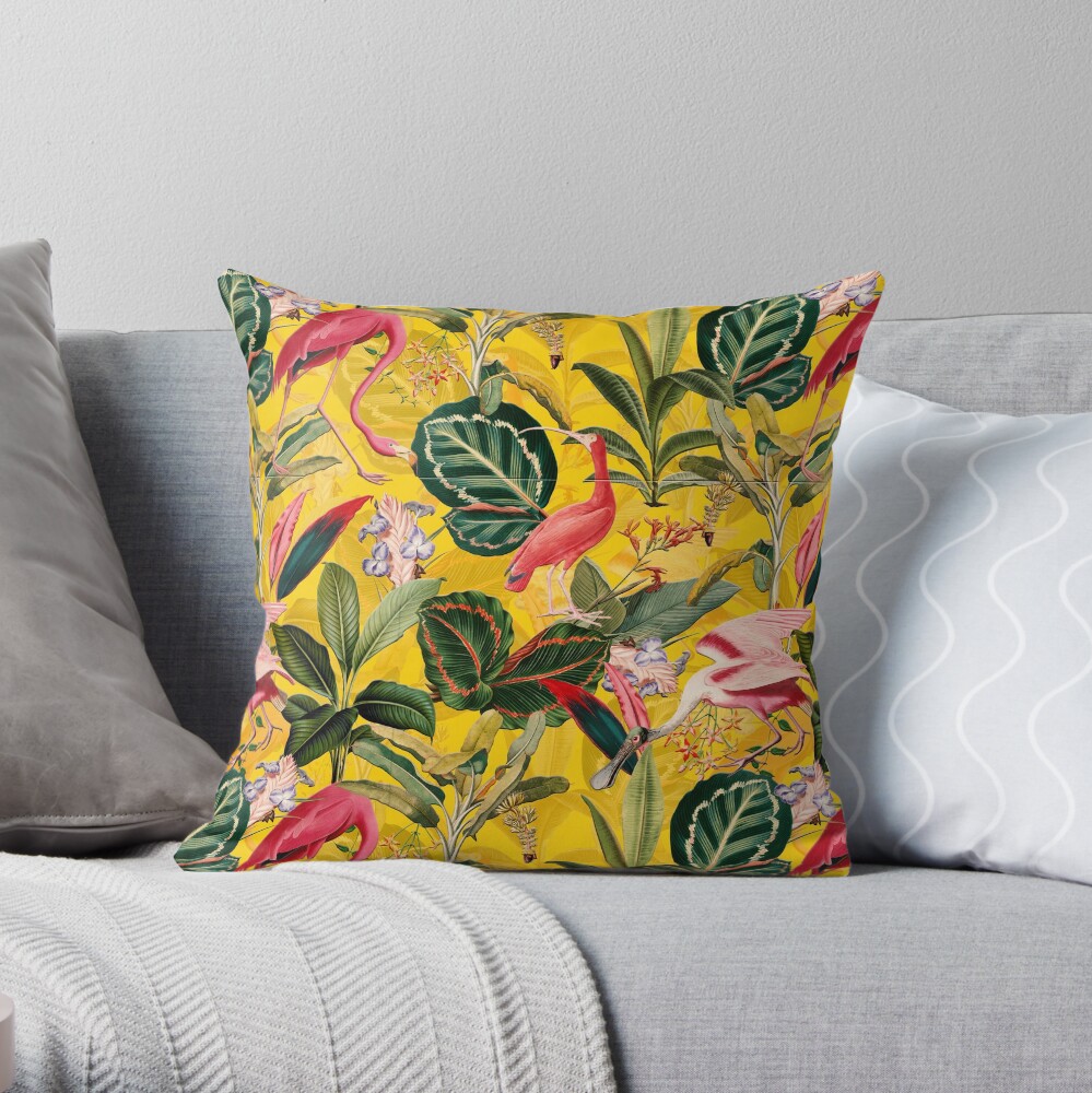 Vintage Yellow Tropical Bird Jungle Garden Throw Pillow