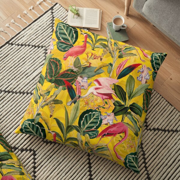 Vintage Yellow Tropical Bird Jungle Garden Floor Pillow