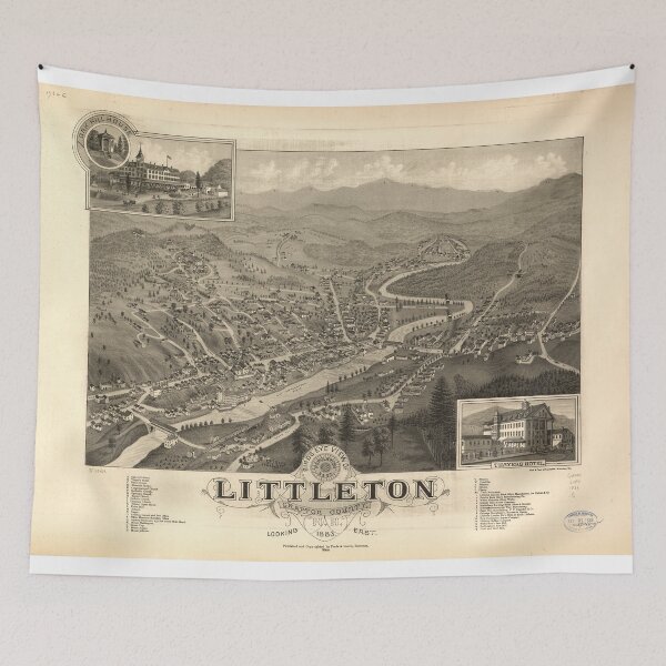 Aperçu de l'œuvre Carte picturale vintage de Littleton NH (1883) créée et vendue par BravuraMedia.
