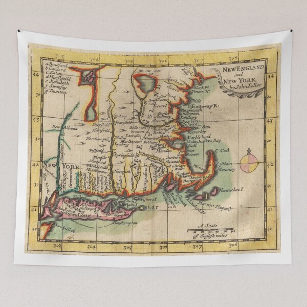 Item preview, Vintage New England & Long Island Map (1703) designed and sold by BravuraMedia.
