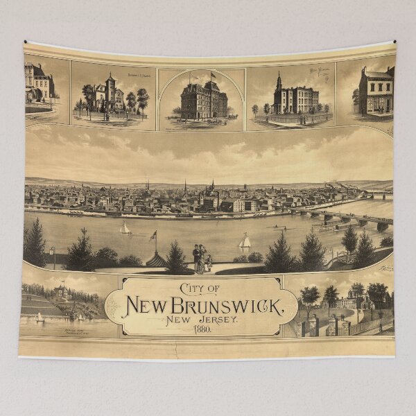 Item preview, Vintage Pictorial Map of New Brunswick NJ (1880) designed and sold by BravuraMedia.