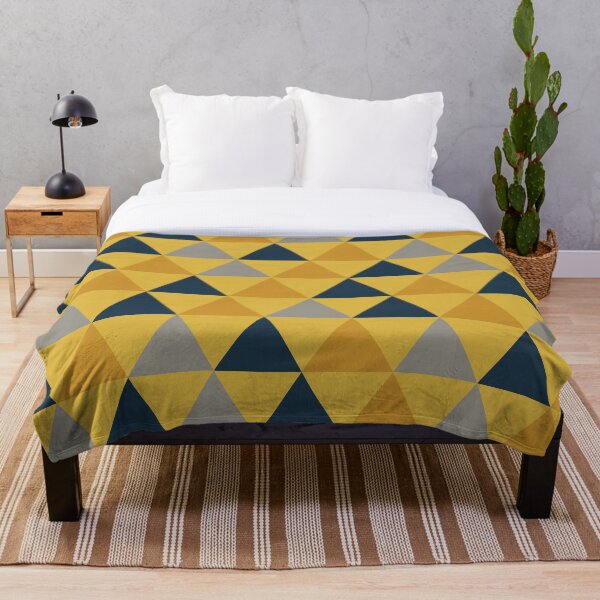 Triangular: Dark Mustard Yellow, Light Mustard Yellow, Navy Blue, and Grey. Minimalist Geometric Pattern Throw Blanket