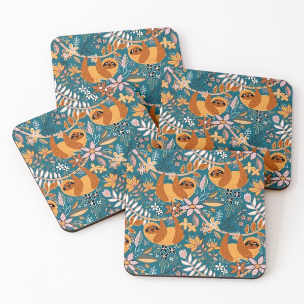 Happy Boho Sloth Floral Coasters (Set of 4)