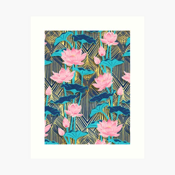 Artikel-Vorschau von Art-Deco-Lotusblumen in Pink und Marineblau, designt und verkauft von micklyn.