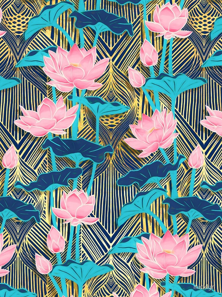 "Art Deco Lotus Flowers in Pink & Navy" Poster by micklyn Redbubble