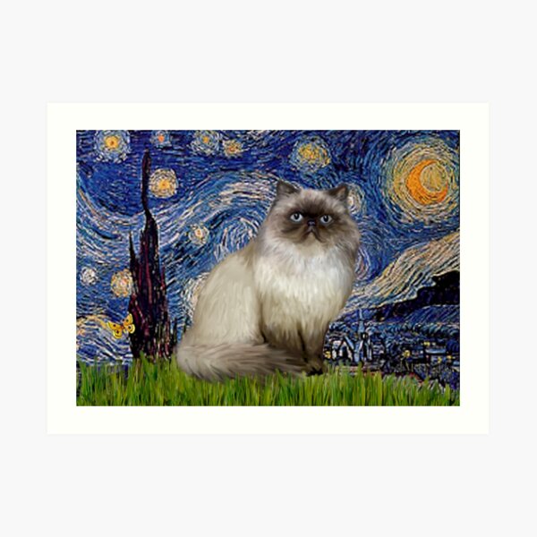 Famous Art: "Starry Night" (Van Gogh)-adapted with a Himalayan Cat Art Print