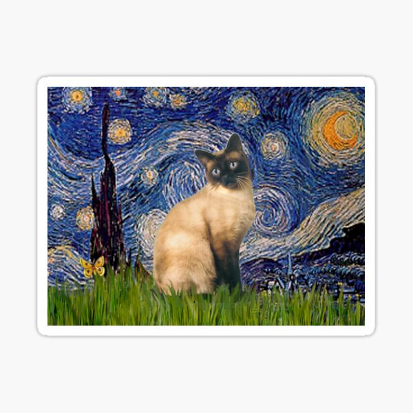 "Starry Night" (Van Gogh)-with a Chocolate Point Siamese Cat Sticker