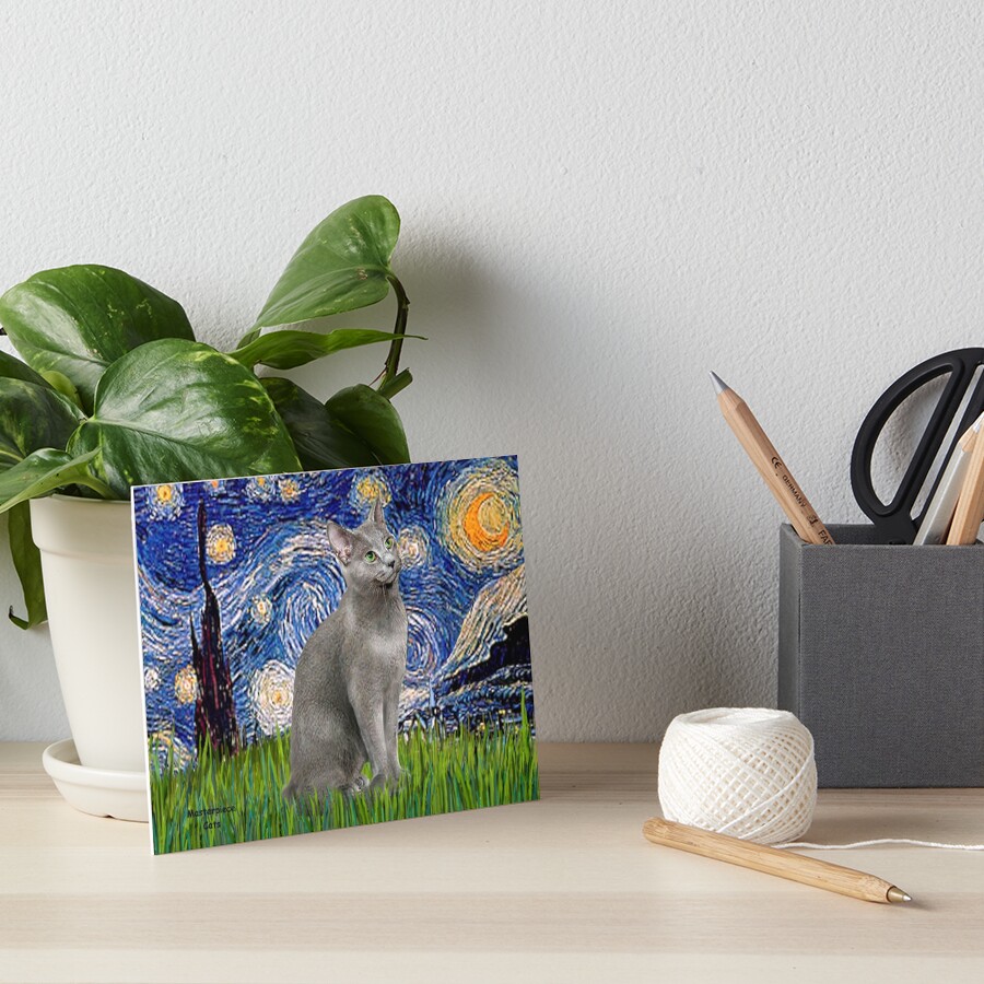 "Starry Night" (Van Gogh)-with a Russian Blue Cat Art Board Print