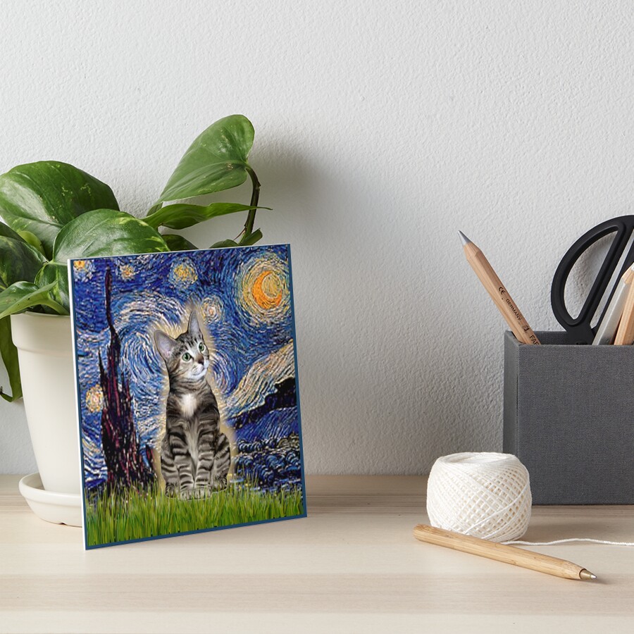 Starry Night (Van Gogh)-with a Brown Tabby Cat Art Board Print