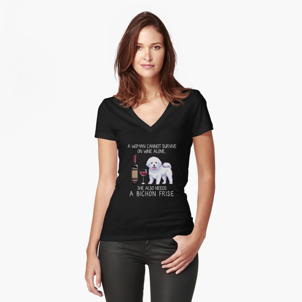 Bichon Frise and wine Funny dog Fitted V-Neck T-Shirt