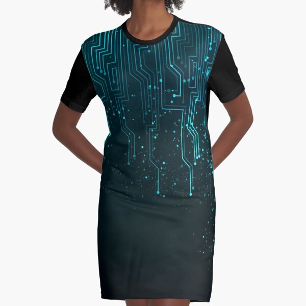 Abstract Blue Lights Circuit Board Graphic T-Shirt Dress