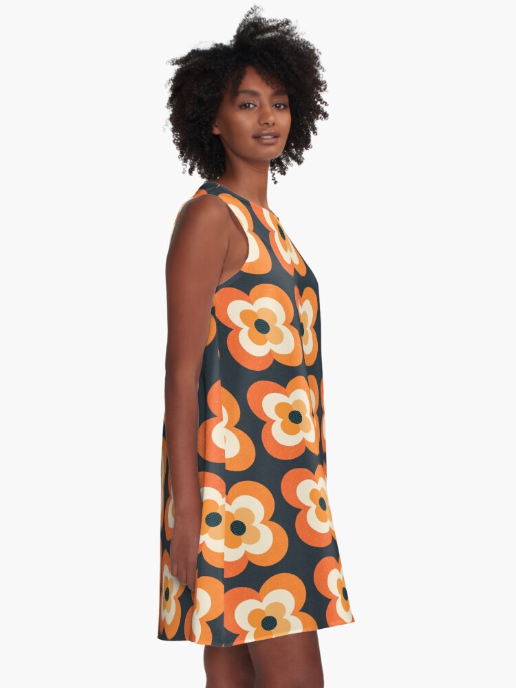 Alternate view of Retro Flowers - Orange and Charcoal A-Line Dress