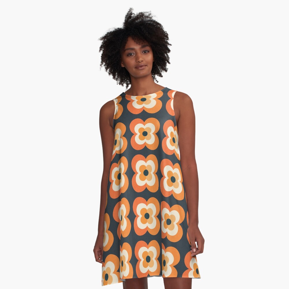 Retro Flowers - Orange and Charcoal A-Line Dress