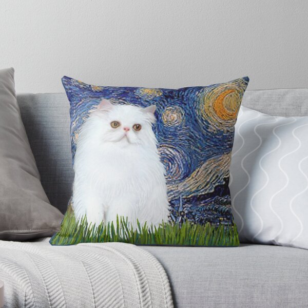 Starry Night (Van Gogh)-with a White Persian Kitten Throw Pillow