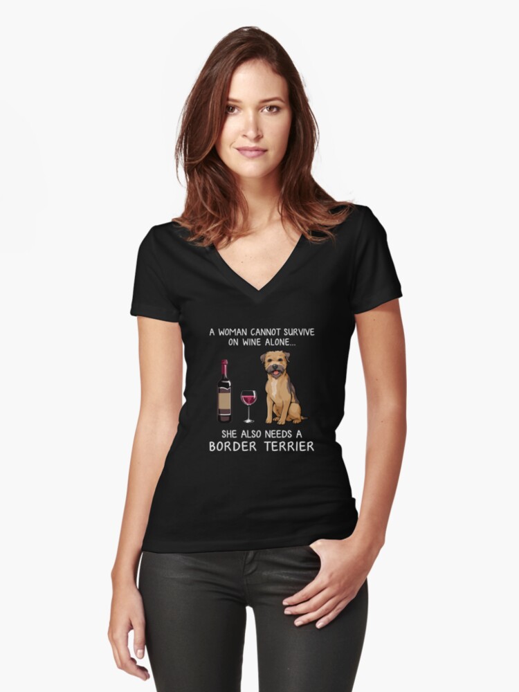 Thumbnail 1 of 3, Fitted V-Neck T-Shirt, Border Terrier and wine Funny dog designed and sold by TeeDoozy.