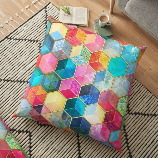 Crystal Bohemian Honeycomb Cubes - colorful hexagon pattern Floor Pillow