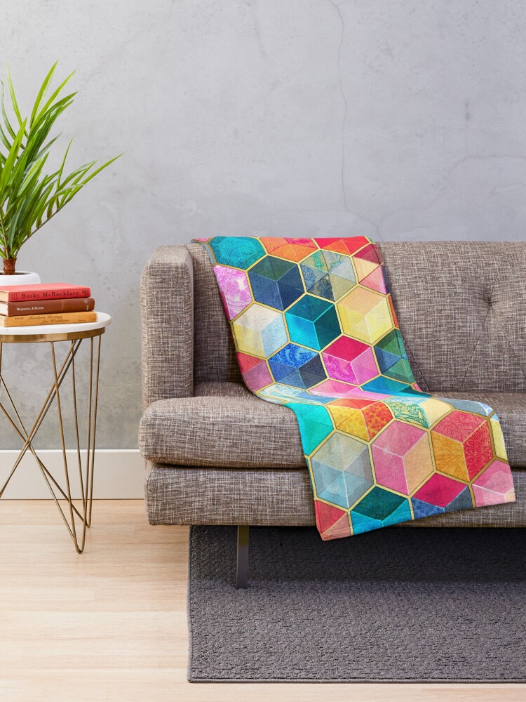 Alternate view of Crystal Bohemian Honeycomb Cubes - colorful hexagon pattern Throw Blanket