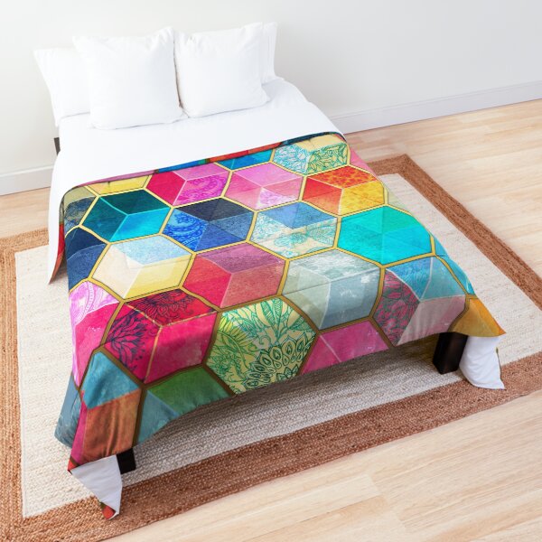 Crystal Bohemian Honeycomb Cubes - colorful hexagon pattern Comforter