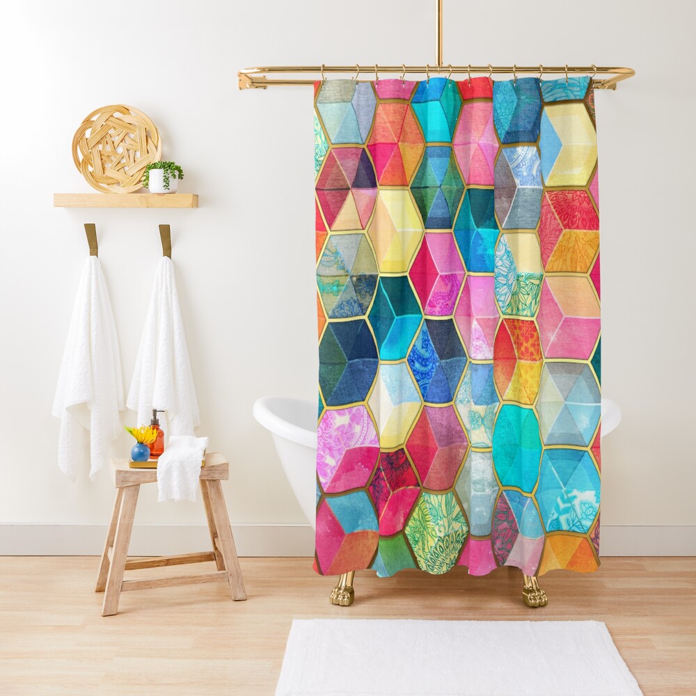Crystal Bohemian Honeycomb Cubes - colorful hexagon pattern Shower Curtain