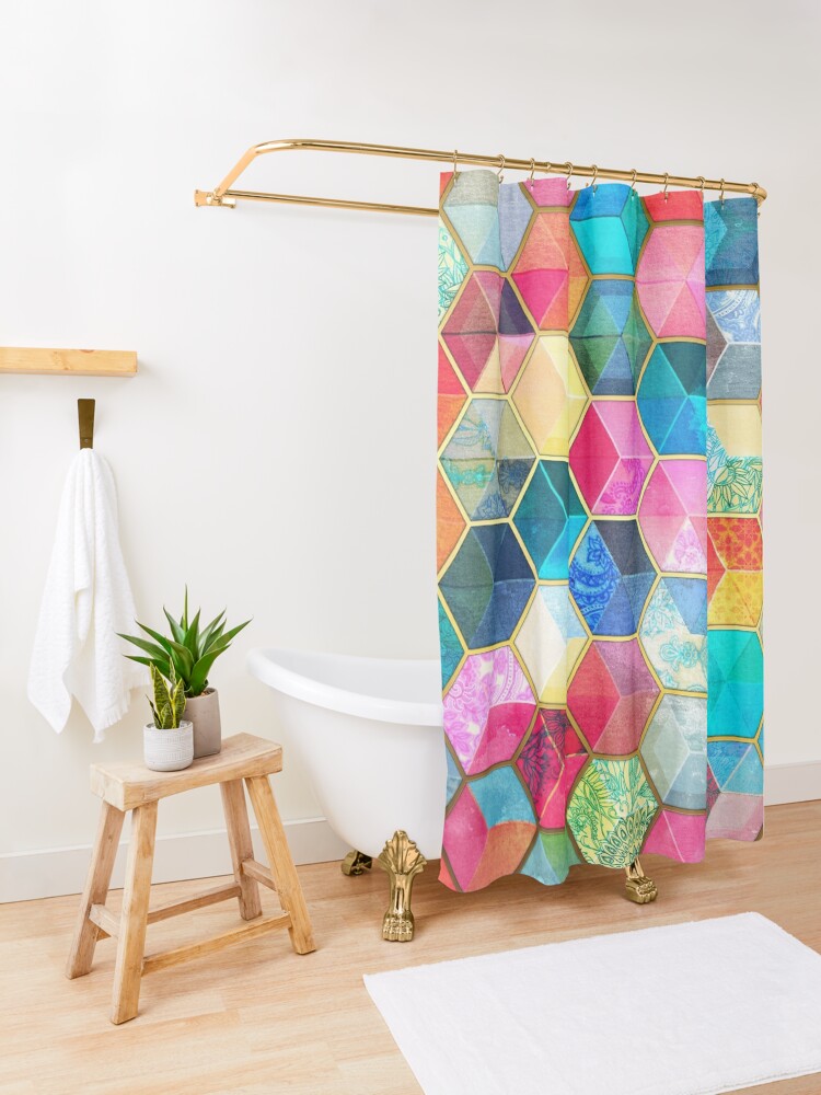 Alternate view of Crystal Bohemian Honeycomb Cubes - colorful hexagon pattern Shower Curtain
