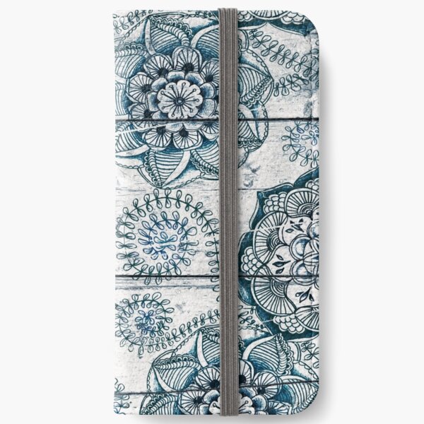 Shabby Chic Navy Blue doodles on Wood iPhone Wallet