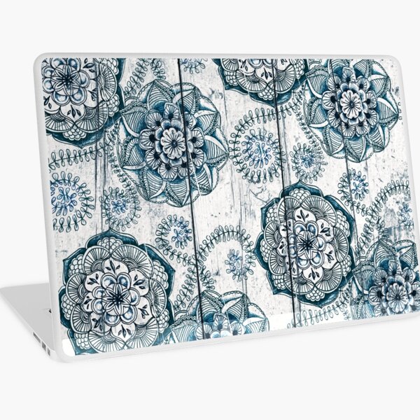 Shabby Chic Navy Blue doodles on Wood Laptop Skin