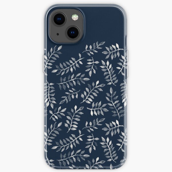 White Leaves on Navy - a hand painted pattern iPhone Soft Case
