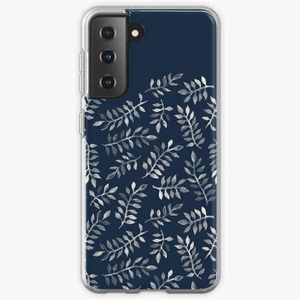 White Leaves on Navy - a hand painted pattern Samsung Galaxy Soft Case