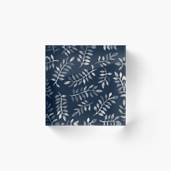 White Leaves on Navy - a hand painted pattern Acrylic Block