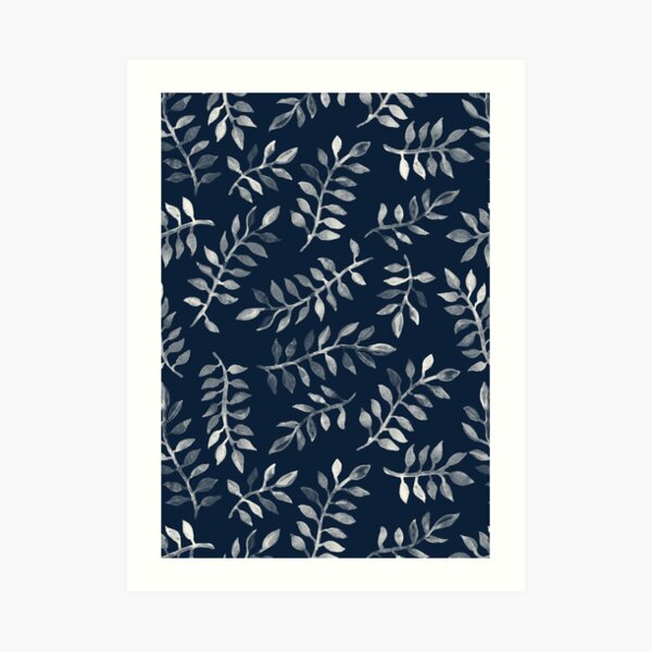 White Leaves on Navy - a hand painted pattern Art Print