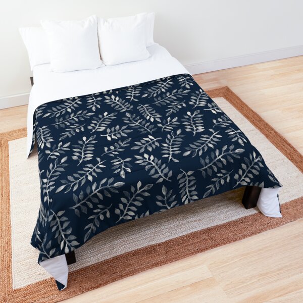 White Leaves on Navy - a hand painted pattern Comforter